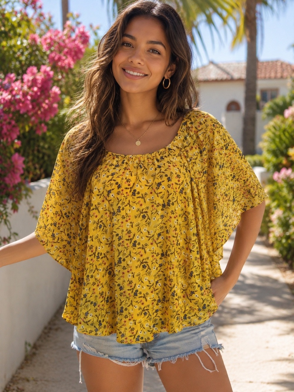 Cato Yellow Ditsy Floral Overlay Blouse 14/16W Flowy Butterfly Sleeve Boho